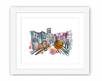 Grove Street Jersey City Street View - Print and Framed - Street Scene Urban Sketch Pedestrian Plaza