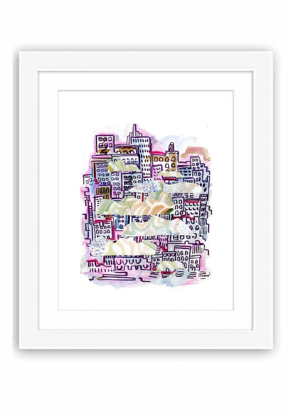 Print New York City Abstract Summer city In the Clouds Digital Collage Illustration -Imagined Skyline New York City Urban Sketchbook