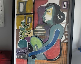 Abstract Acrylic Painting on Paper: Woman with Fish by Window
