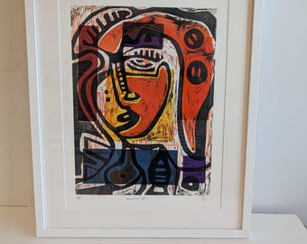 Framed Abstract Face Woodcut Print – Generative Selfie Art