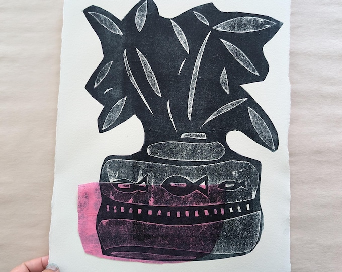 Original Collagraph Print - Black Fish Vase Still Life Art