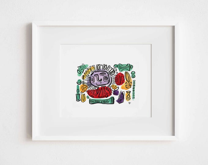 Framed Abstract Faces Print: Mid-Century Modern Watercolor Folk Art