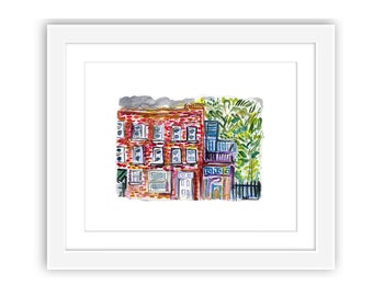 Print or Framed - Brownstone Brooklyn Block View - Watercolor Ink Print of New York City Brooklyn Street Scene