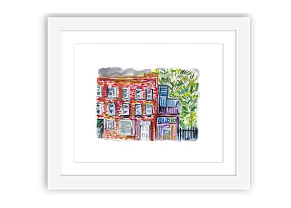 Print or Framed - Brownstone Brooklyn Block View - Watercolor Ink Print of New York City Brooklyn Street Scene