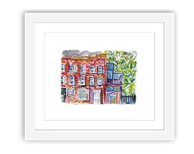 Print or Framed - Brownstone Brooklyn Block View - Watercolor Ink Print of New York City Brooklyn Street Scene