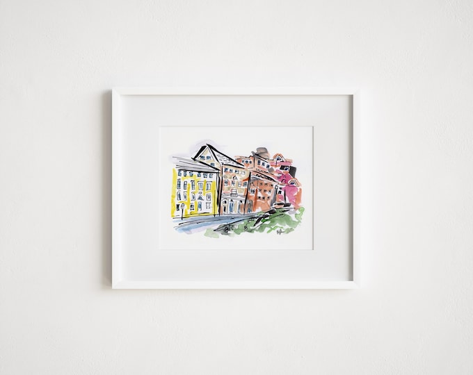 Print Providence Rhode Island Colonial Houses  - City New England Illustration Watercolor Painting