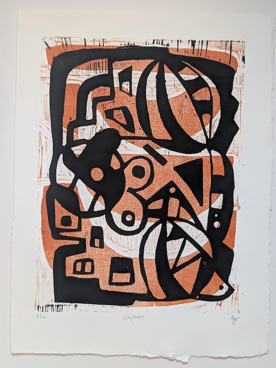 Original Woodblock Print - City Moves 1/6 - Printmaking on Paper - Abstract Illustrative Woodcut