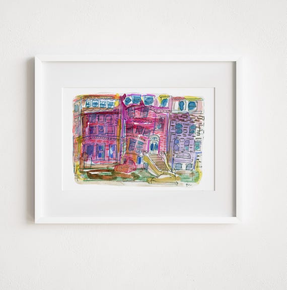 Print Upper West Side Brownstones - Watercolor Colored Pencil New York City Urban Sketch