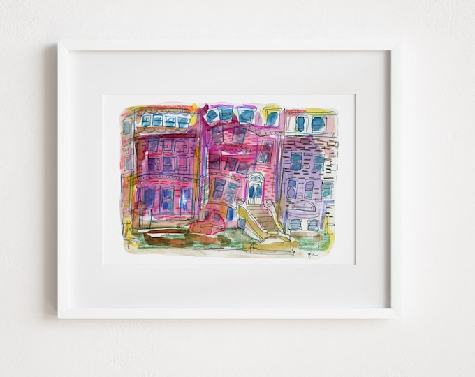 Print Upper West Side Brownstones - Watercolor Colored Pencil New York City Urban Sketch