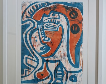 Framed Original Woodcut Print: Abstract Face Art on Paper