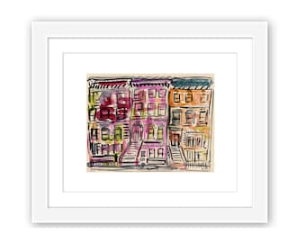 Bed Stuy Brooklyn Brownstones  -  Print & Framed - Brooklyn New York City Brownstones Row Houses City Watercolor