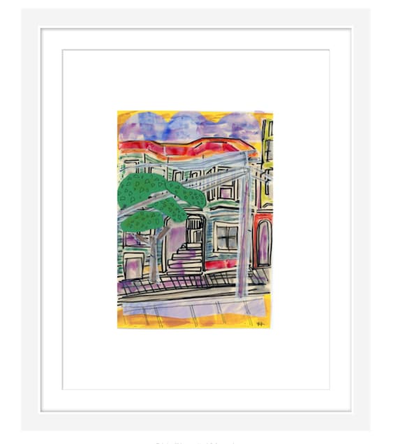 Print and Framed - Print San Francisco Hilly Street Scene - Mixed Media Watercolor Collage Illustration