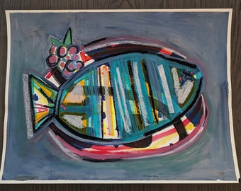 Original Painting- Our Dead Fish - Abstract Original Art Acrylic and Oil Pastel on Paper