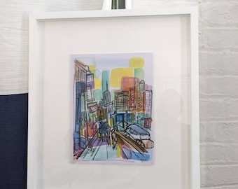 Framed Original Watercolor Painting -  Looking Back at World Trade Center - New York City