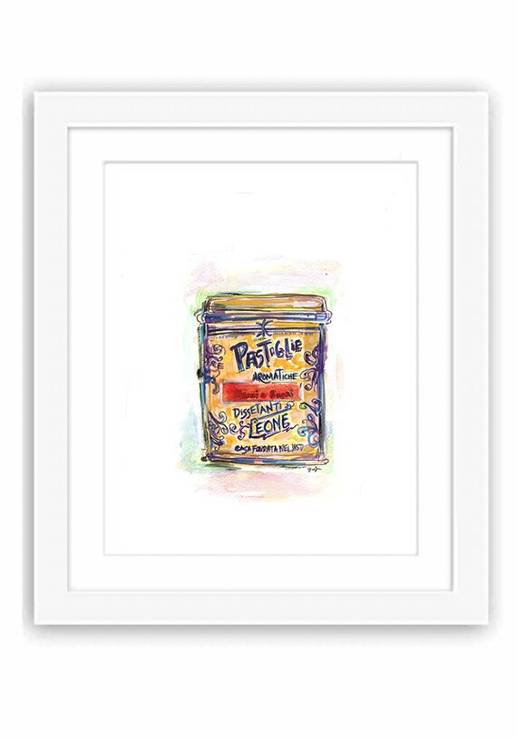 Italian Pastiglie Leone Candy Tin - Print and Framed - Watercolor Illustration Travel Italian Illustration