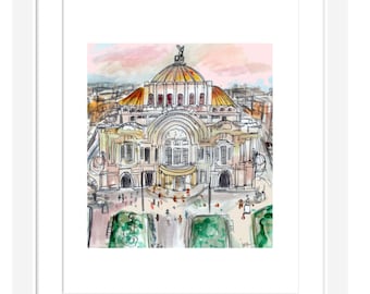 Print Mexico City, Palacio de Bellas Artes, Travel Illustration, Watercolor Mexico - Print and Framed