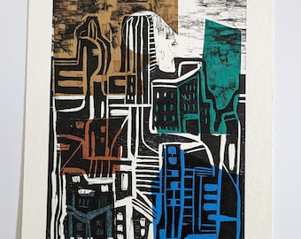 Original Woodblock Chine Colle Print: Abstract Cityscape Art