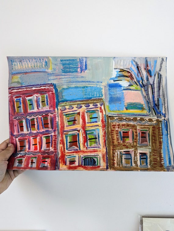 Original Work on Paper - The leaning row houses of Brooklyn - Abstract New York City Scene on Paper Urban Sketch Colorful Brooklyn