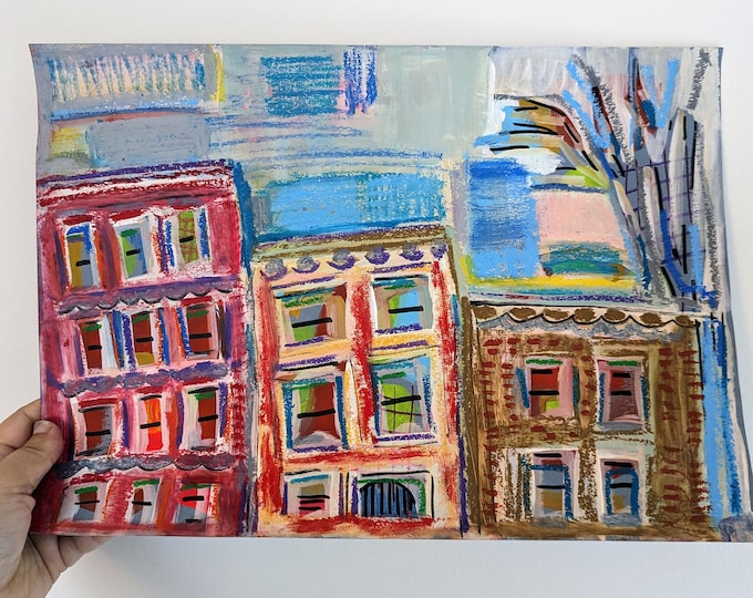 Brooklyn Row Houses Painting: Abstract New York City Urban Sketch (16.5x11.5)