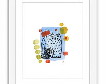 Mid-Century Inspired Folk Art Grump Cat - Print & Framed