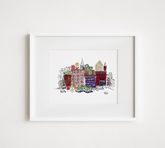 Abstract Collage of New York City Brownstones in Red Blocks - Print and Framed - Illustrative Collage New York City
