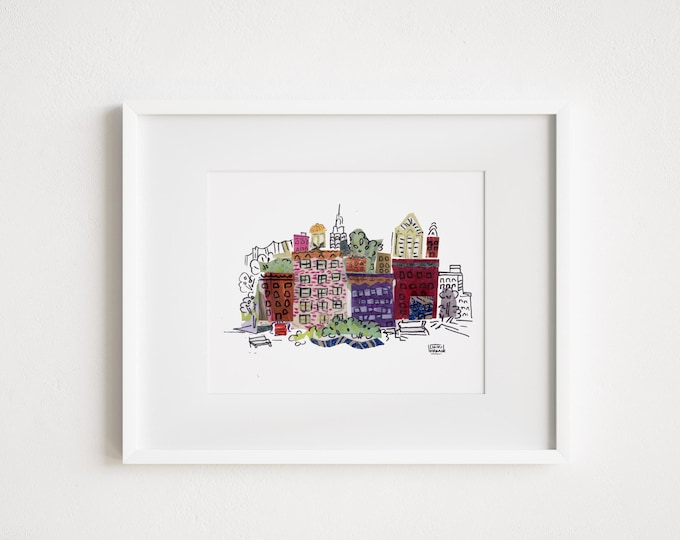 Abstract Collage of New York City Brownstones in Red Blocks - Print and Framed - Illustrative Collage New York City
