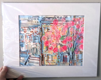 Original Brookly Drawing & Painting - Magnolia Trees in Brooklyn - Mixed Media Ink and Watercolor on Paper