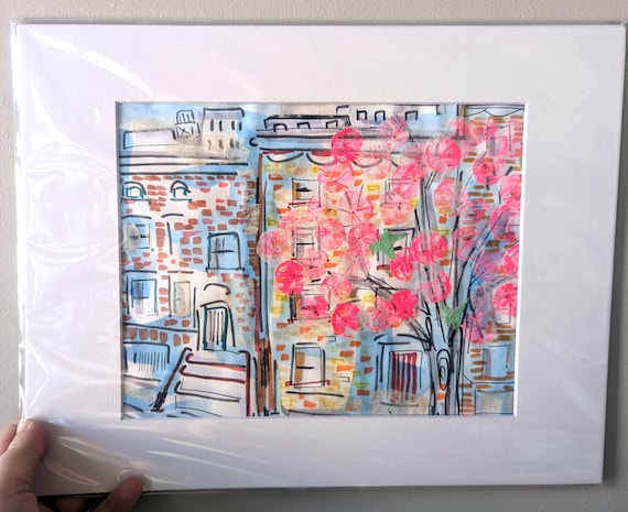 Original Brookly Drawing & Painting - Magnolia Trees in Brooklyn - Mixed Media Ink and Watercolor on Paper