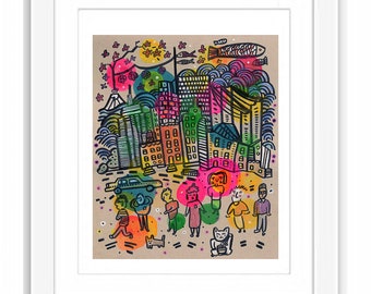 Abstract Whimsical City NYC and Japan  - Print and Framed - Imagined Abstracted Illustrated Colorful Urban Sketch Watercolor