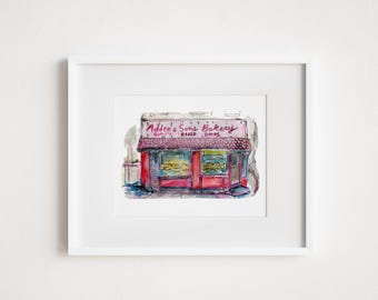 Print Addeo & Sons Bakery - The Bronx Watercolor Urban Illustration New York City Little Italy