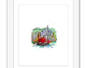 Hong Kong Star Ferry Boats - Illustration Print and Framed - Asia Urban Sketch Watercolor Travel