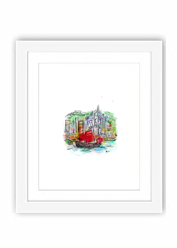 Hong Kong Star Ferry Boats - Illustration Print and Framed - Asia Urban Sketch Watercolor Travel