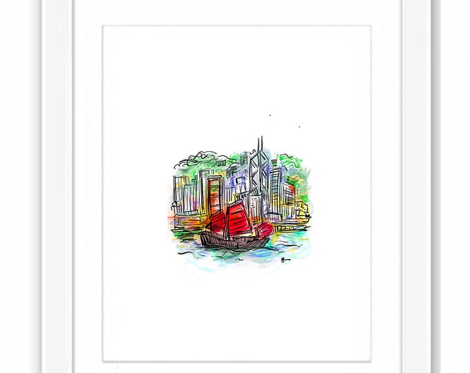 Hong Kong Star Ferry Boats - Illustration Print and Framed - Asia Urban Sketch Watercolor Travel