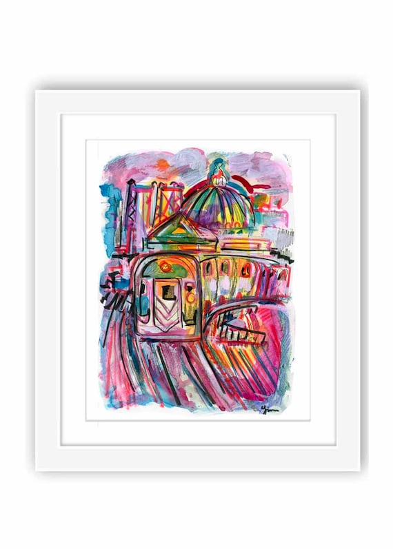 Williamsburg Subway Emerging into Brooklyn- Illustration Watercolor Street Scene New York City Brooklyn - Print and Framed