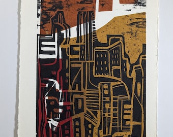 Original Woodblock Chine Colle Print: Abstract Cityscape Art