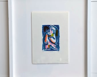 Framed Abstract Woodcut Print: Venus Smile in Blue