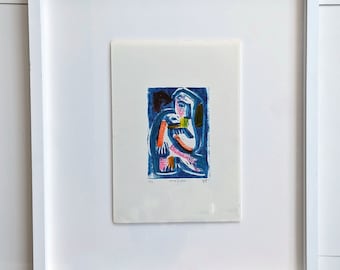 Framed Original Abstract Mixed Media Woodcut -  Venus Smile in Blue - Original Art Abstract Printmaking