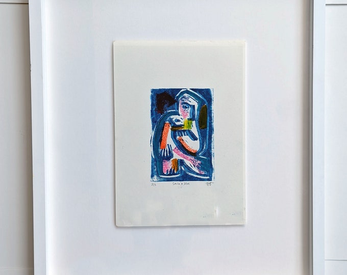 Framed Abstract Woodcut Print: Venus Smile in Blue