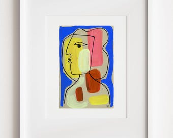 Abstract Face Art Print: Cubist Matisse-Inspired Watercolor