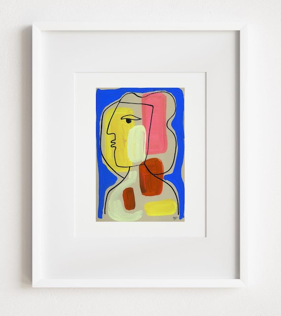 Print and Framed - She Woke Up in Shapes - Abstract Face and Color Cubist & Matisse-Inspired Watercolor Retro Midcentury Modern