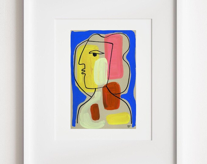 Abstract Face Art Print: Cubist Matisse-Inspired Watercolor
