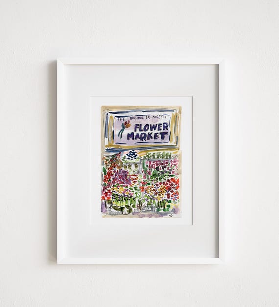 Print and Framed - Los Angeles Flower Market DTLA - Watercolor Pen and Ink Urban Sketch California