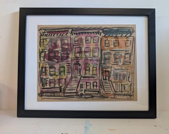 Framed Original Brownstones Original Art - New York City Art Urban Street View Row Houses Brooklyn