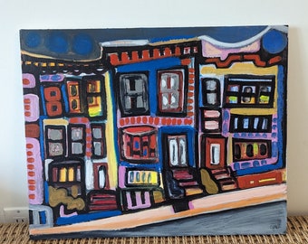 Original Painting -  Acrylic and Oil on Panel Wood Board - New York City Abstract Row Houses