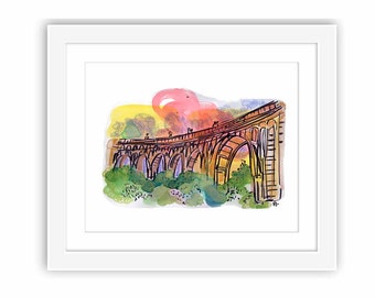 Print and Framed - Pasadena Colorado Street Bridge -California Los Angeles Watercolor Urban Sketch