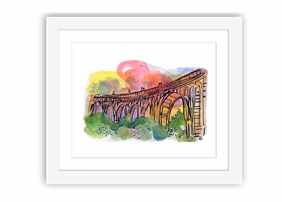 Print and Framed - Pasadena Colorado Street Bridge -California Los Angeles Watercolor Urban Sketch
