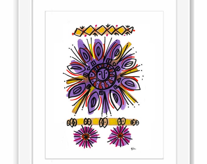 Abstract Watercolor Print: Mid-Century Modern Sunburst Art, Framed