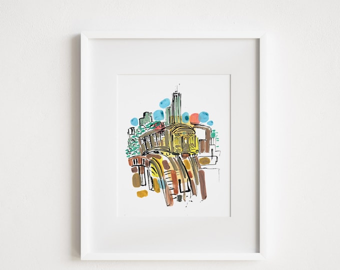 Chicago L Train - Print and Framed - Chicago Watercolor Urban Sketch