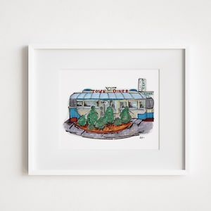 Town Diner Watercolor Print: Watertown, Massachusetts Urban Sketch Art