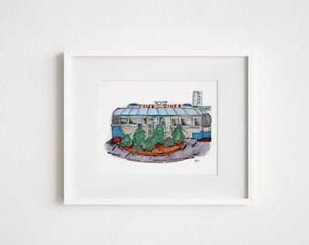 Town Diner Watercolor Print: Watertown, Massachusetts Urban Sketch Art